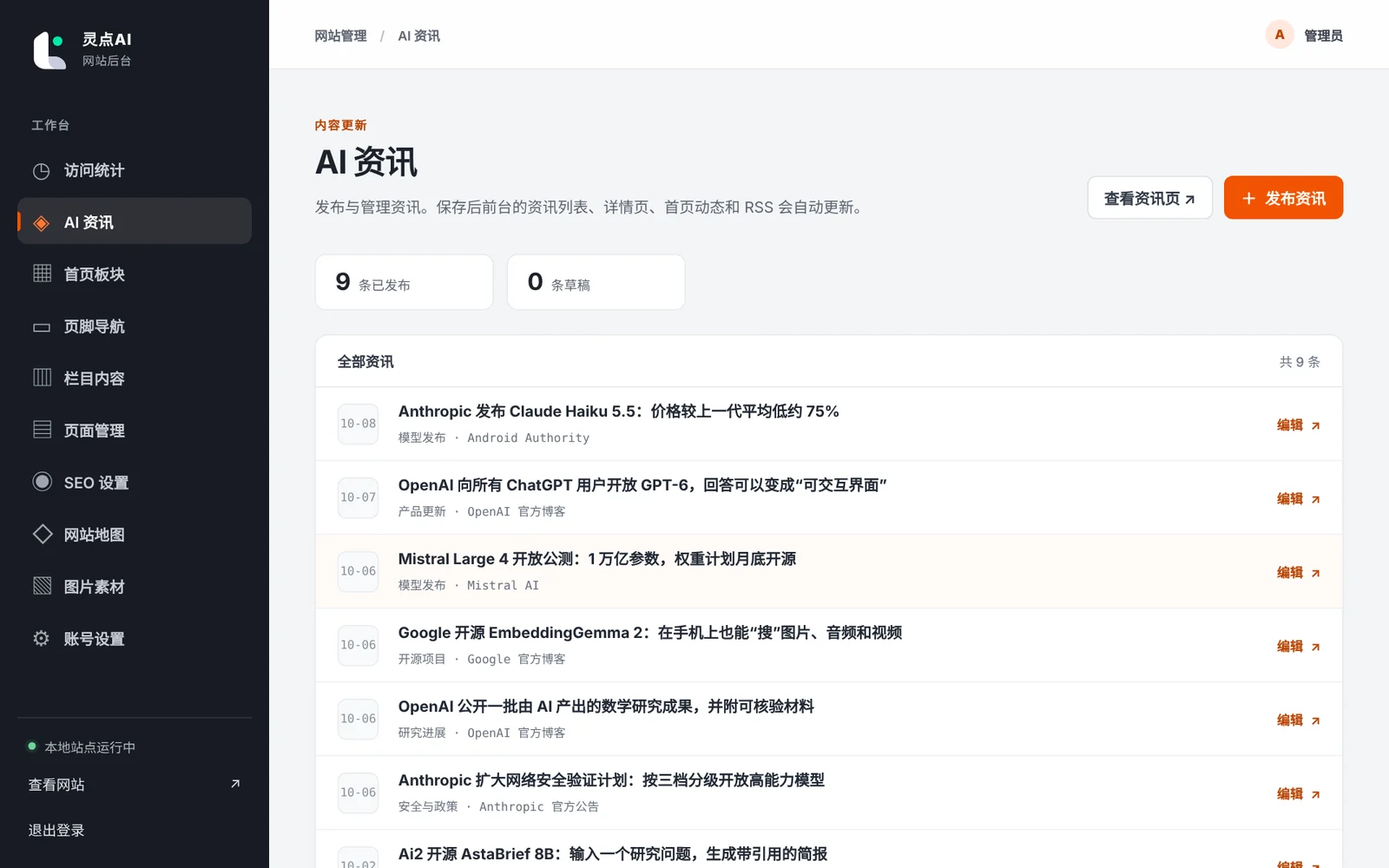 后台「AI 资讯」列表页